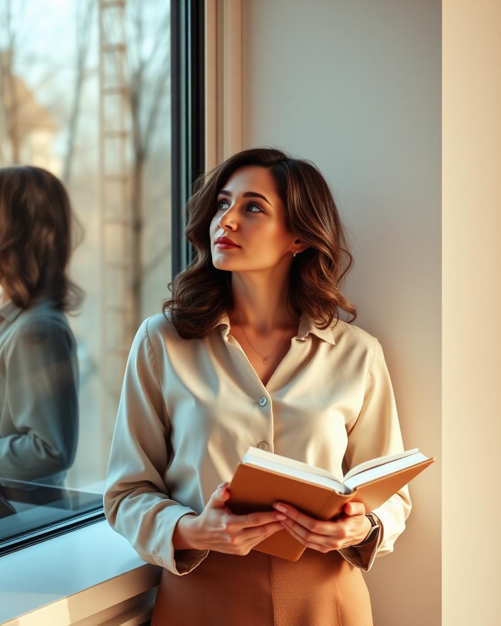 A professional pausing by a sunlit window with a journal, reflecting on what comes next.