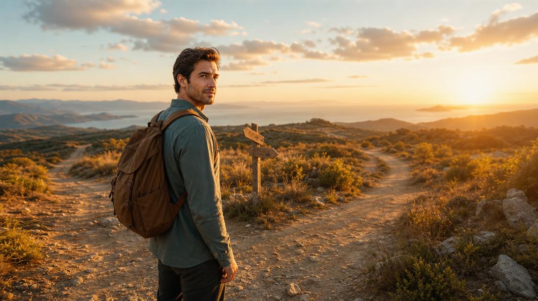 A man standing mid-stride at a golden-hour overlook, turned 3/4 toward the camera with a confident expression as he looks toward a wide horizon.