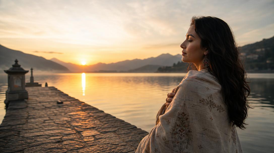 A woman in a soft shawl in 3/4 profile by a calm lake at dawn, her face partially visible and eyes gently closed toward the golden sunrise.