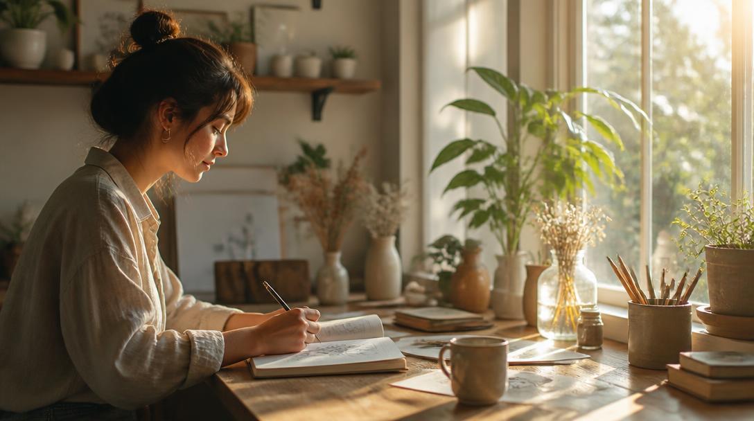 A person sketching in a notebook at a sunlit wooden workspace with plants and warm window light.